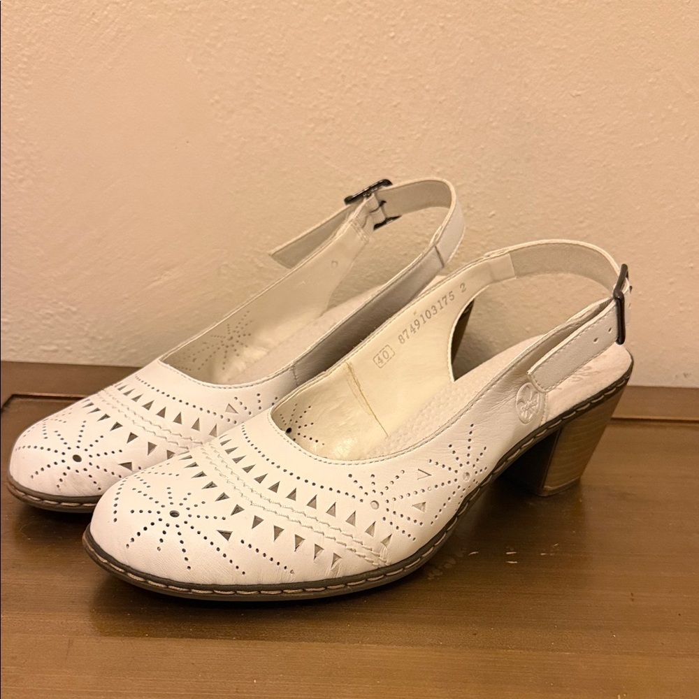 White Laser-Cut Slingback Block Heel Pumps
